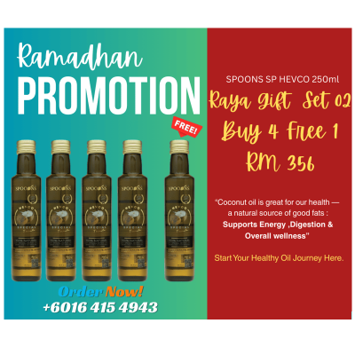 [ RMD PROMOTION ] RAYA GIFT - SET 02 [ SPOONS HEVCO Coconut Oil 250ml ( BUY 4 FREE 1 ) ]