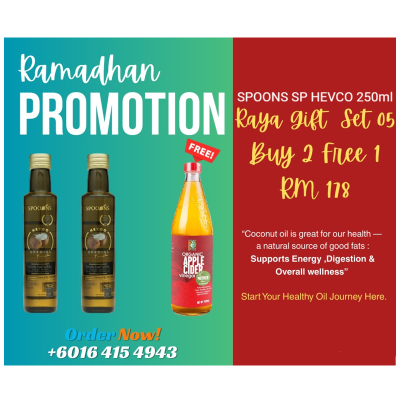 [RMD PROMOTION] RAYA GIFT - SET 05 [SPOONS HEVCO Coconut Oil 250ml btlX2 + FREE  Radiant Organic Apple Cider Vinegar 750MLX1]